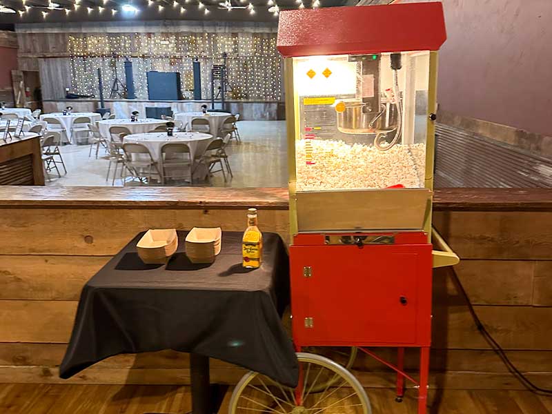 Popcorn maker set up to serve hot buttered popcorn for an event at The Venue in Kaukauna WI.